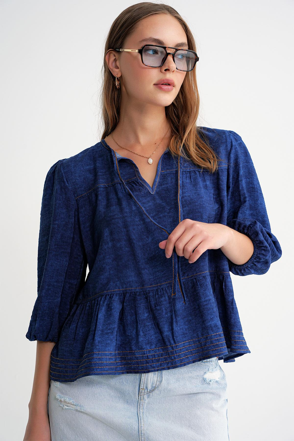 4704 Kadın Fırfırlı Balon Kol Kısa Denim Bluz Lacivert