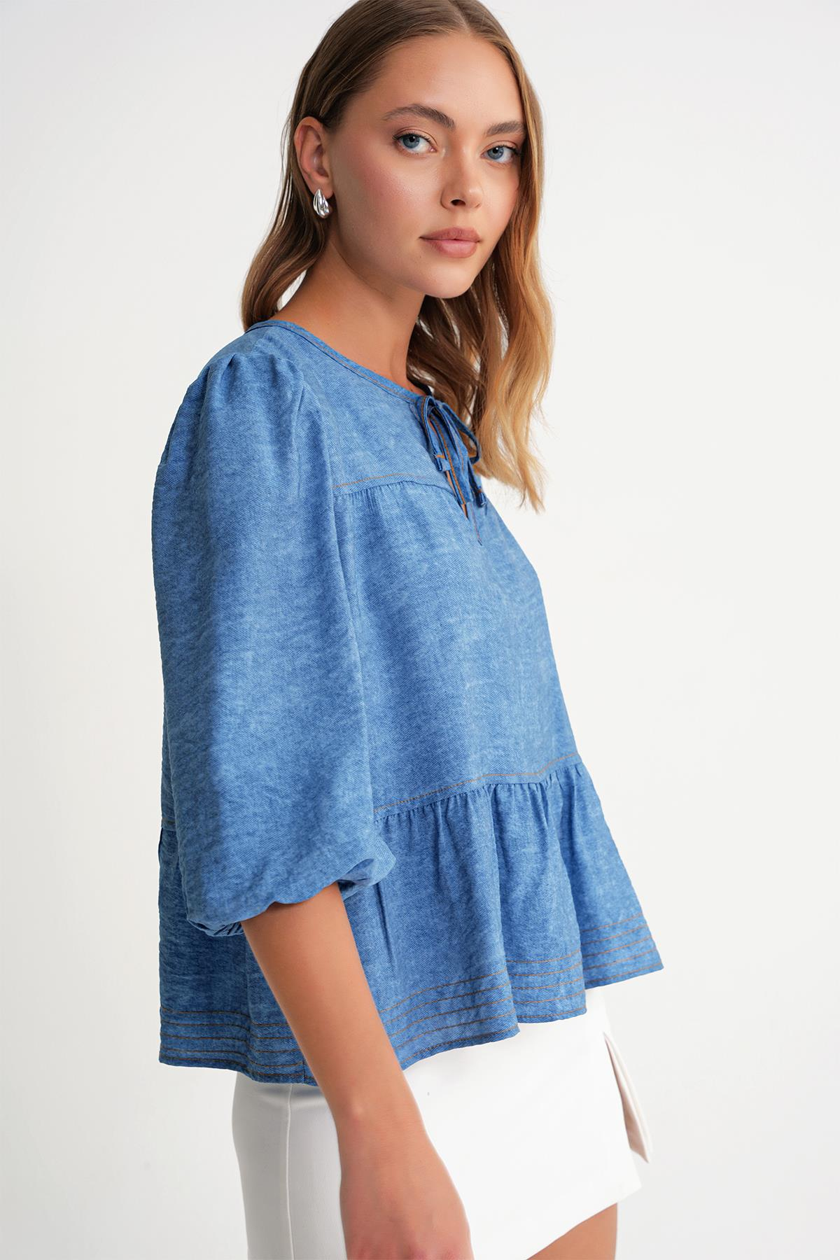 4704 Kadın Fırfırlı Balon Kol Kısa Denim Bluz Mavi