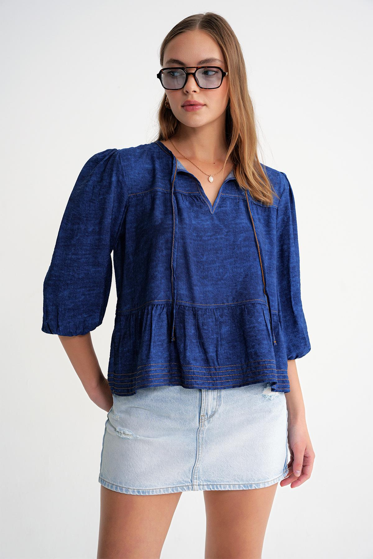 4704 Kadın Fırfırlı Balon Kol Kısa Denim Bluz Lacivert