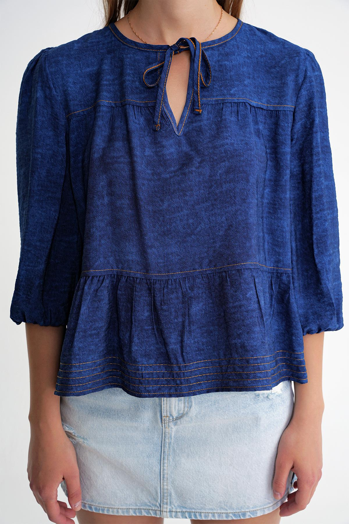 4704 Kadın Fırfırlı Balon Kol Kısa Denim Bluz Lacivert