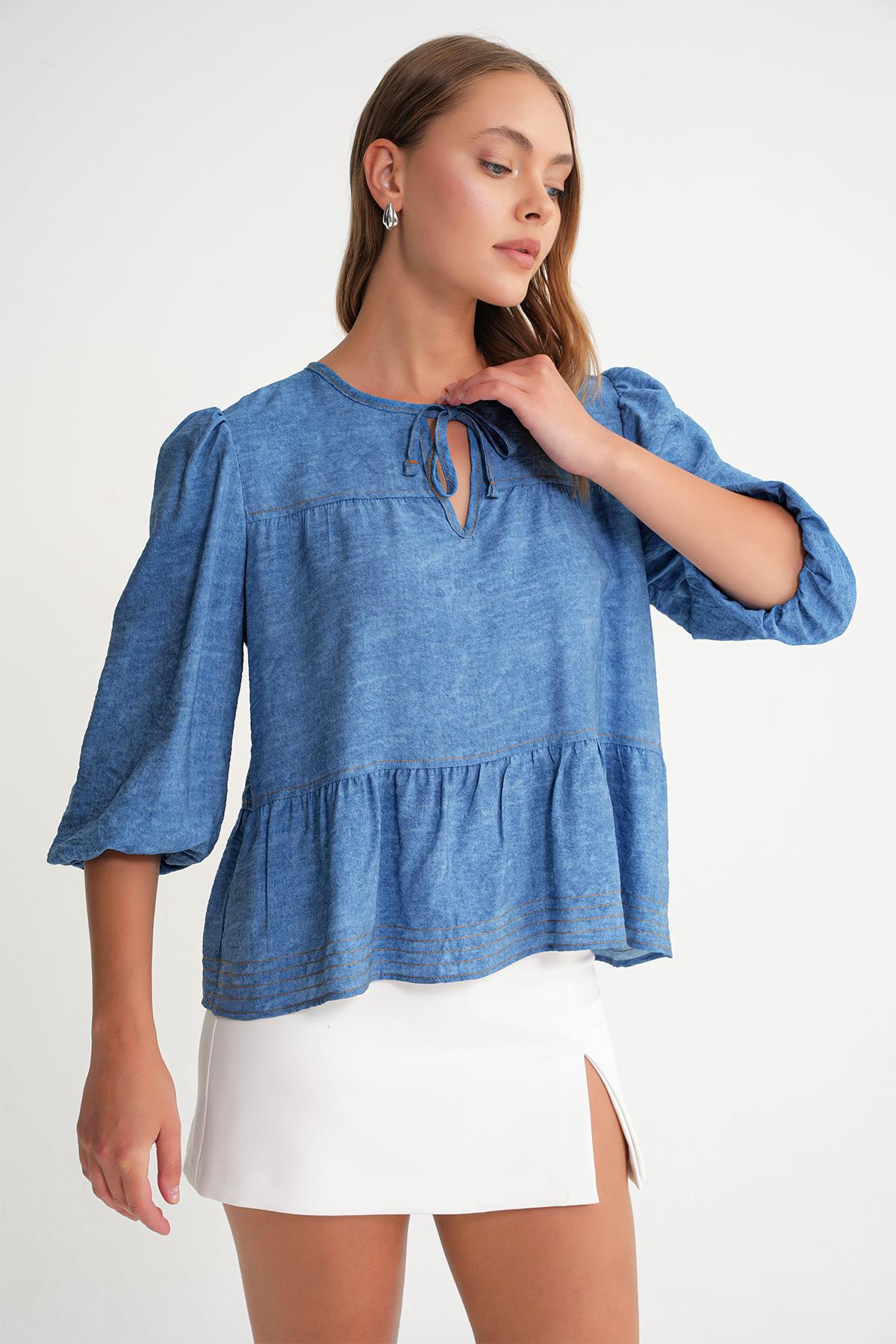 4704 Kadın Fırfırlı Balon Kol Kısa Denim Bluz Mavi
