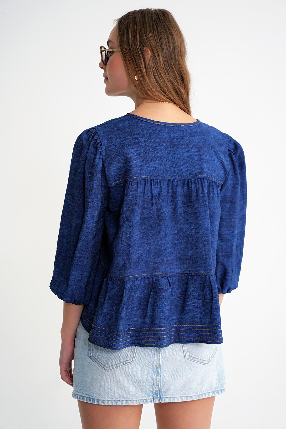 4704 Kadın Fırfırlı Balon Kol Kısa Denim Bluz Lacivert
