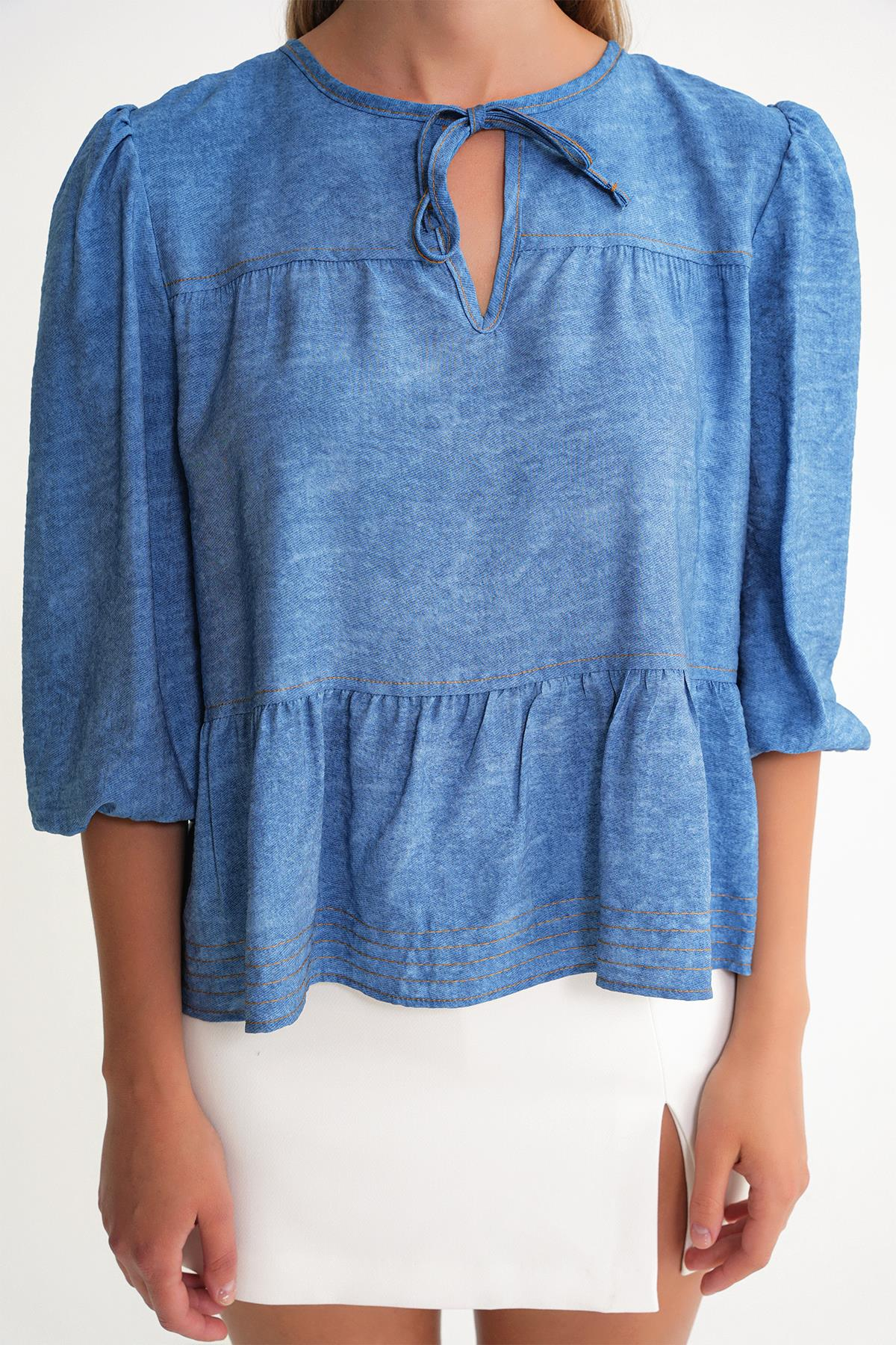 4704 Kadın Fırfırlı Balon Kol Kısa Denim Bluz Mavi