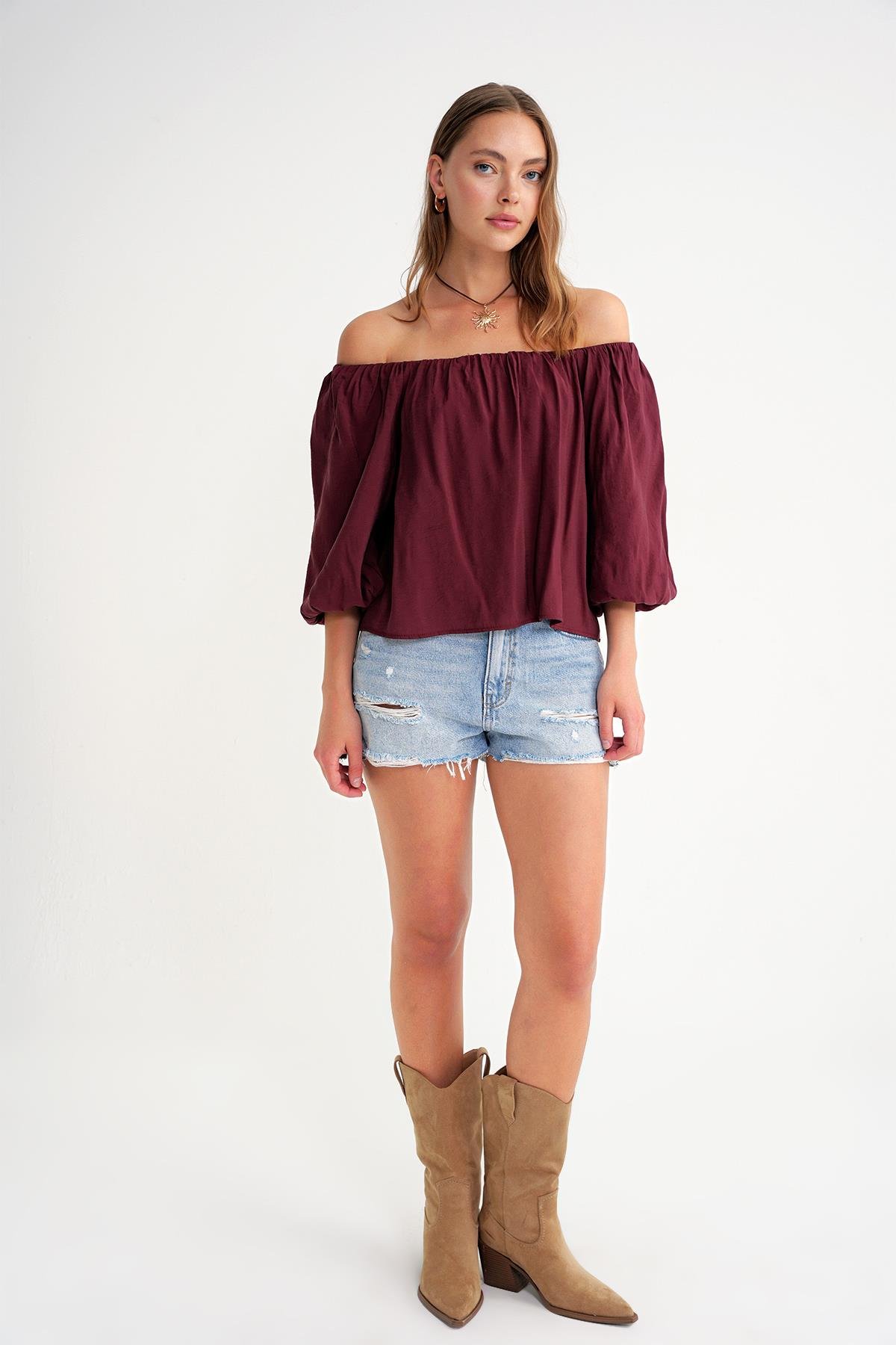 4706 Kadın Sırtı Açık Balon Kol Straplez Bluz Bordo