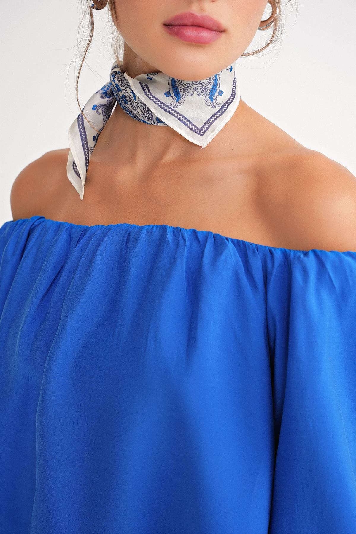 4706 Kadın Sırtı Açık Balon Kol Straplez Bluz Saks Mavi