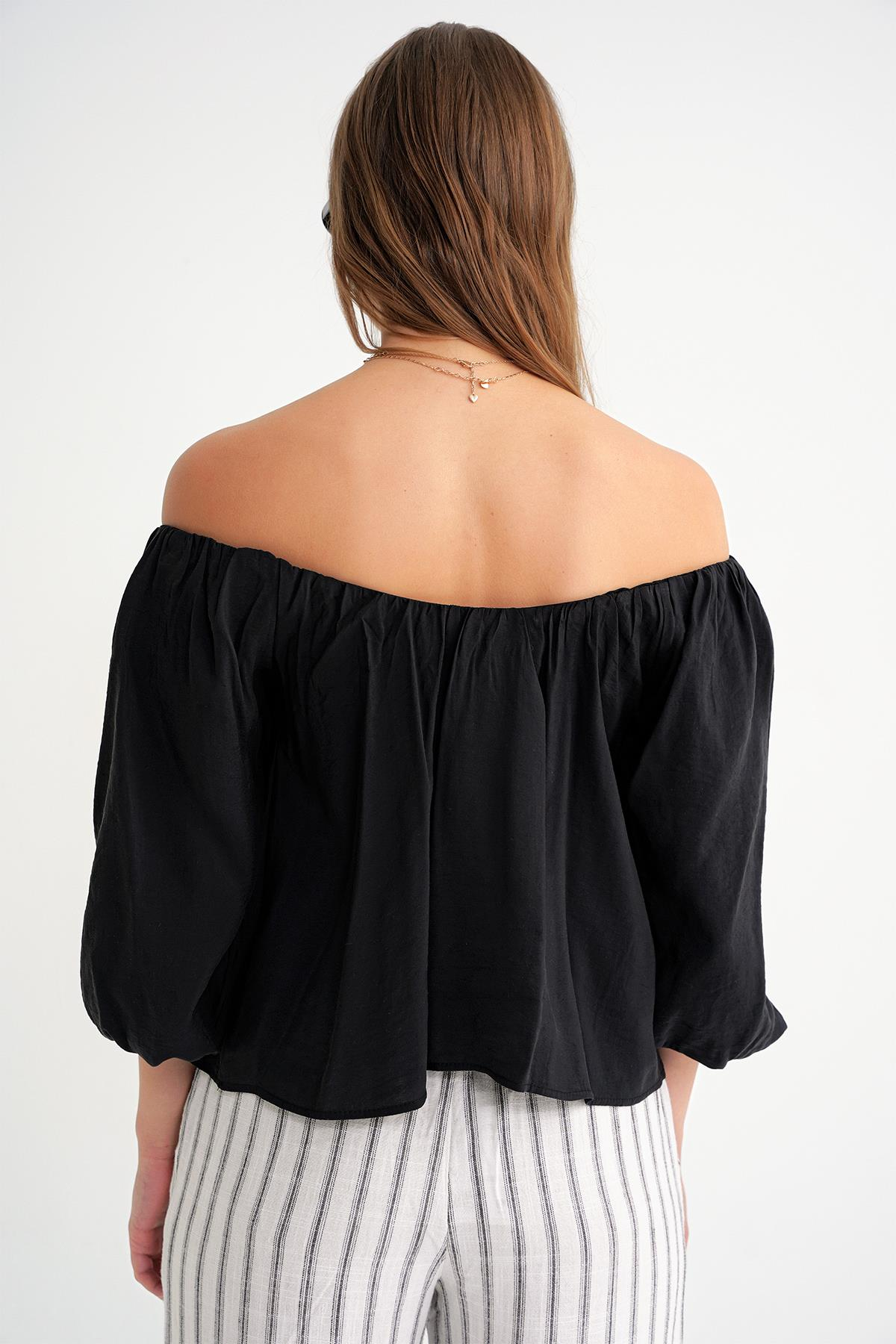 4706 Kadın Sırtı Açık Balon Kol Straplez Bluz Siyah