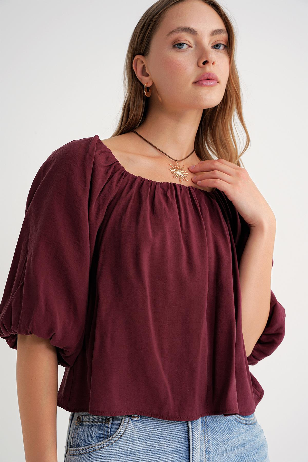 4706 Kadın Sırtı Açık Balon Kol Straplez Bluz Bordo