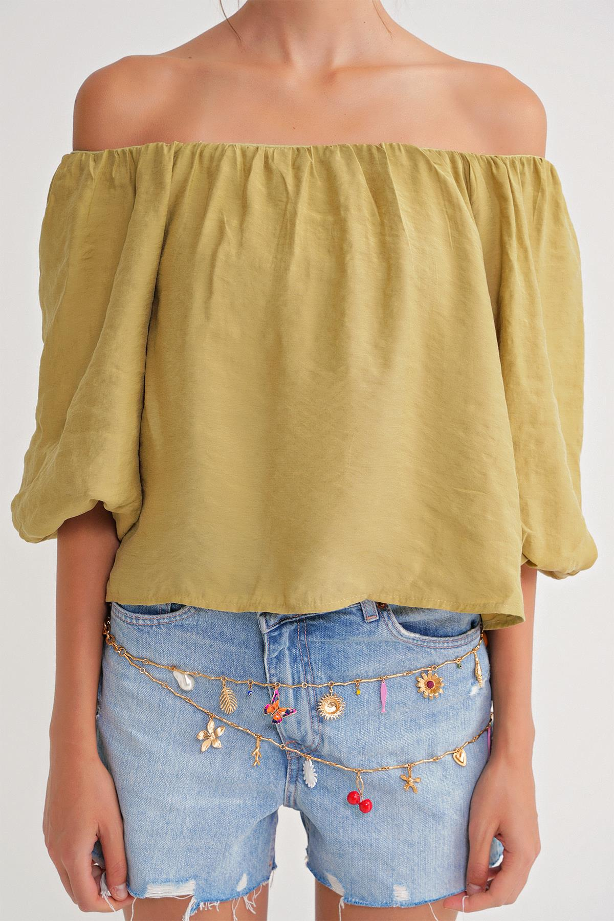 4706 Kadın Sırtı Açık Balon Kol Straplez Bluz Yağ Yeşili