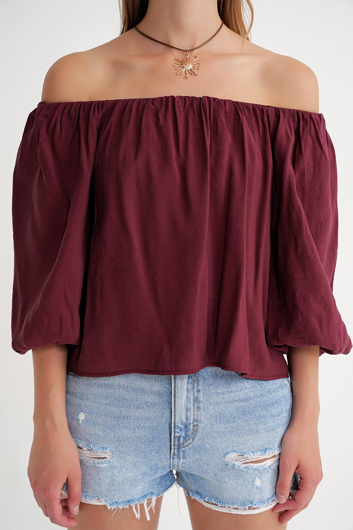 4706 Kadın Sırtı Açık Balon Kol Straplez Bluz Bordo