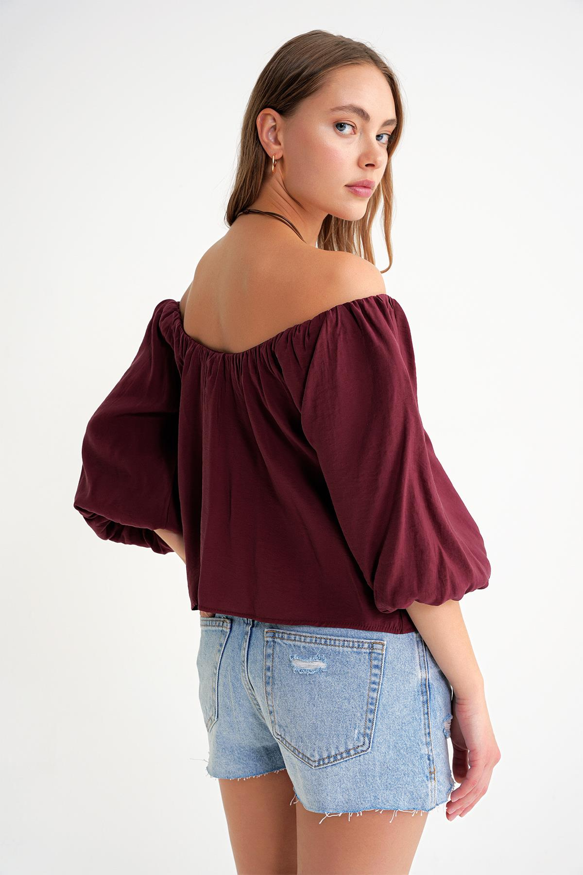 4706 Kadın Sırtı Açık Balon Kol Straplez Bluz Bordo