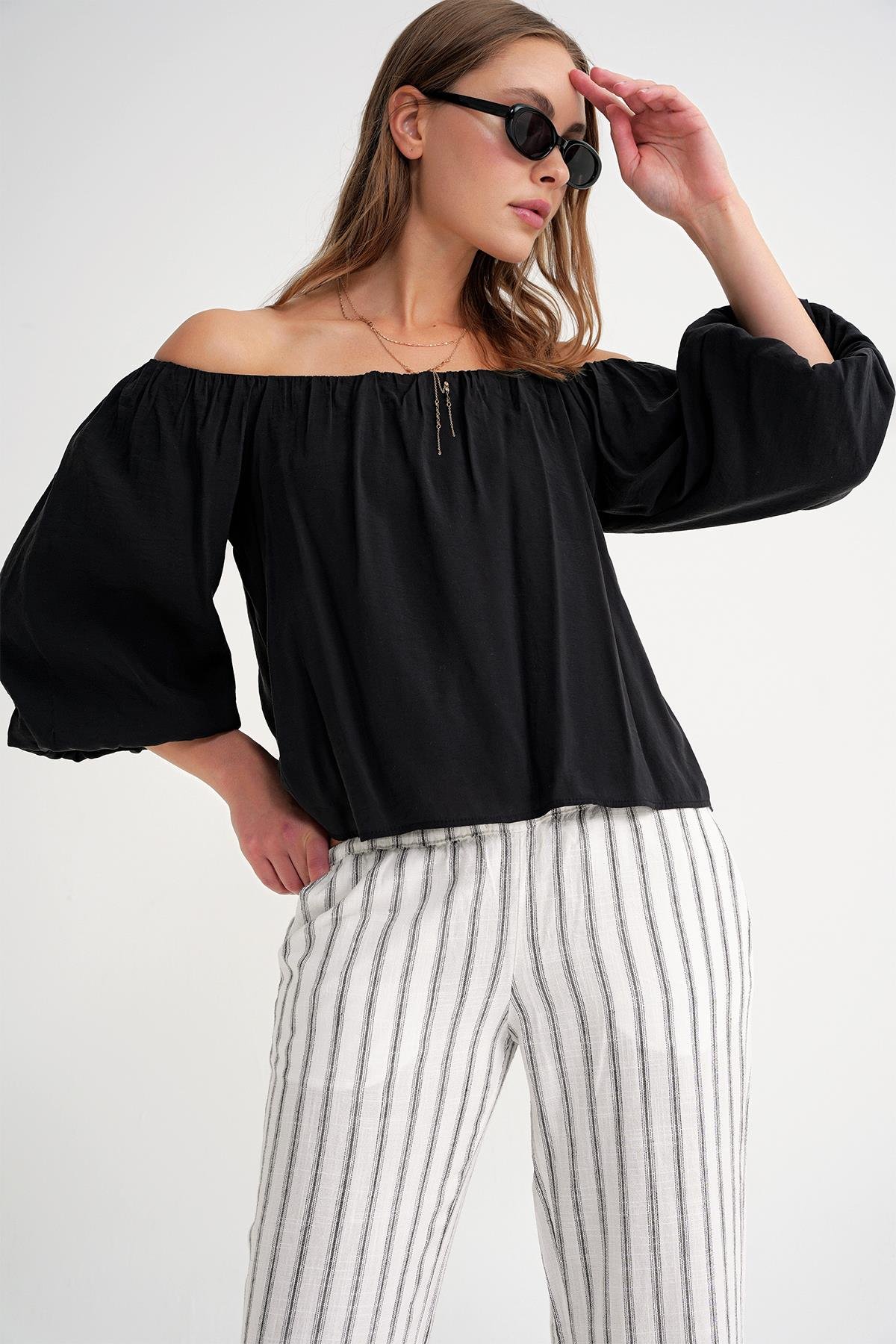 4706 Kadın Sırtı Açık Balon Kol Straplez Bluz Siyah