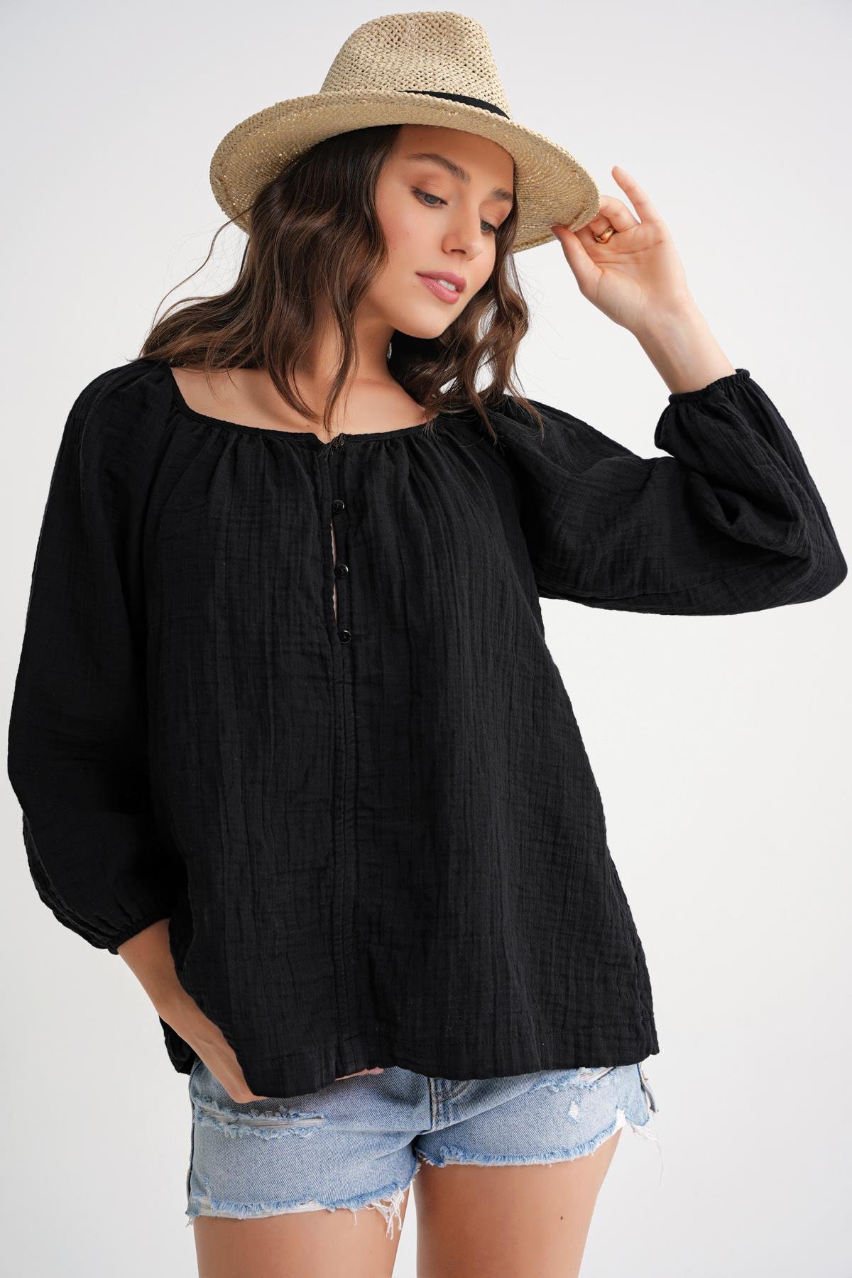 4707 Kadın Yakası Büzgülü Kolu Lastikli Bol Müslin Bluz Siyah