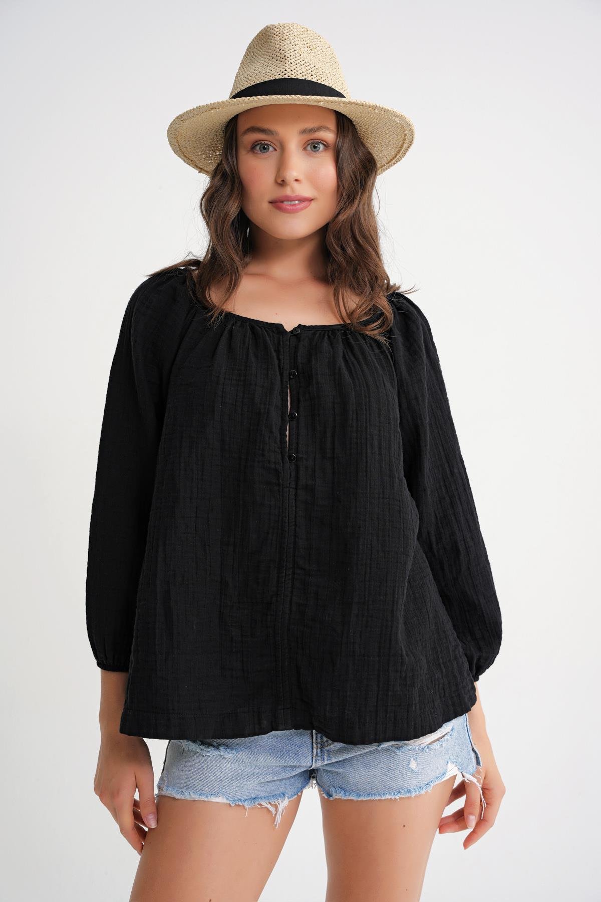 4707 Kadın Yakası Büzgülü Kolu Lastikli Bol Müslin Bluz Siyah
