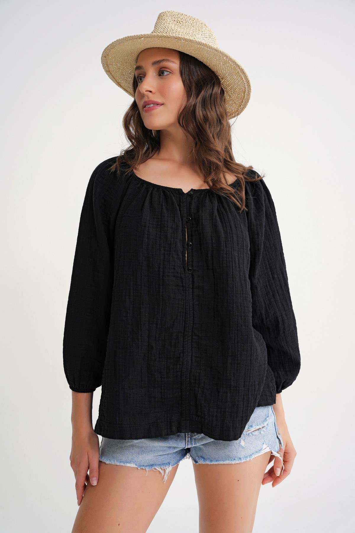 4707 Kadın Yakası Büzgülü Kolu Lastikli Bol Müslin Bluz Siyah