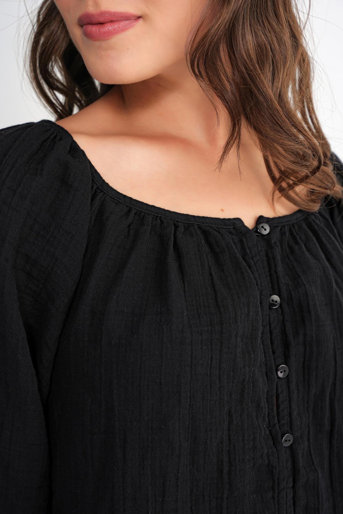 4707 Kadın Yakası Büzgülü Kolu Lastikli Bol Müslin Bluz Siyah