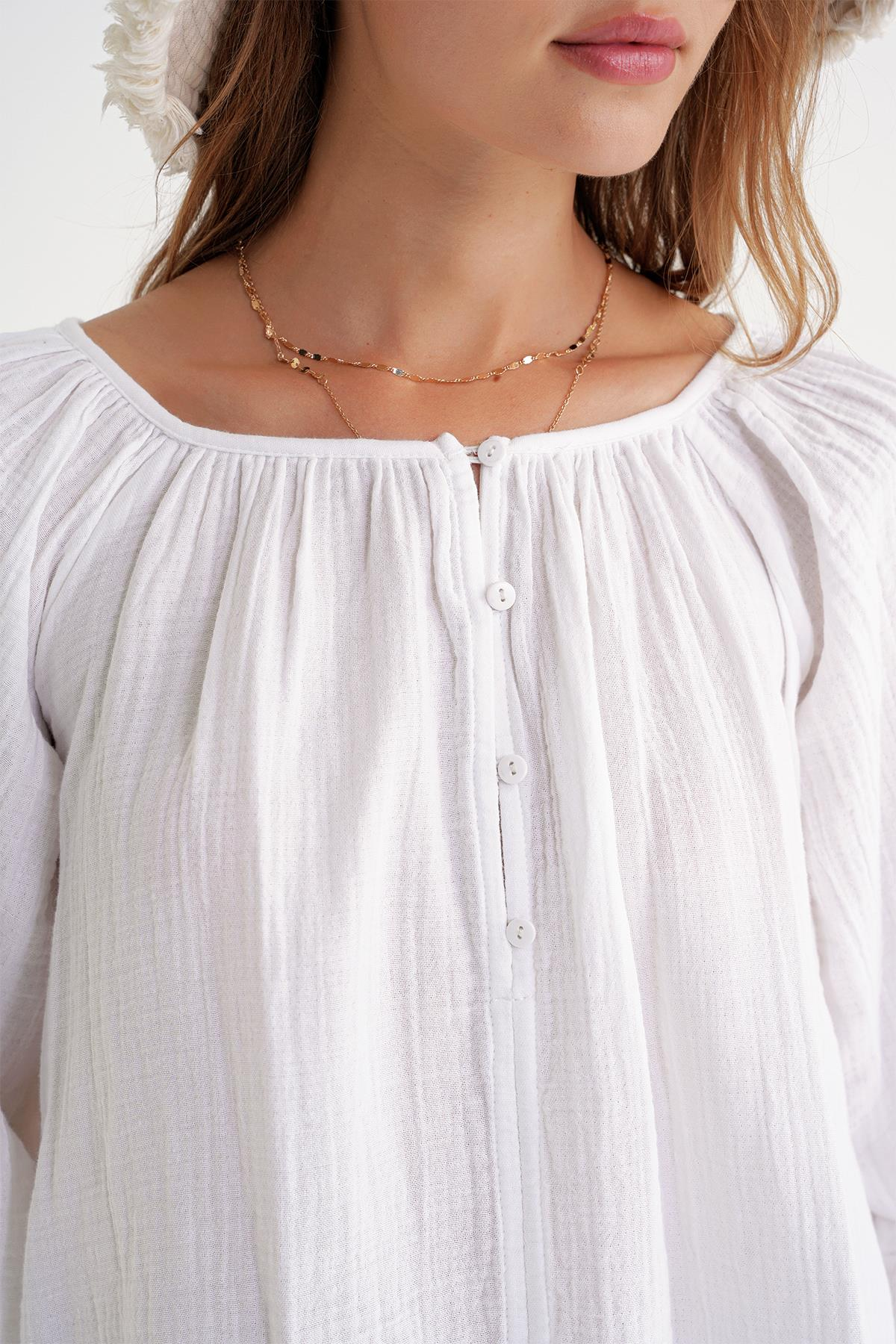 4707 Kadın Yakası Büzgülü Kolu Lastikli Bol Müslin Bluz Beyaz