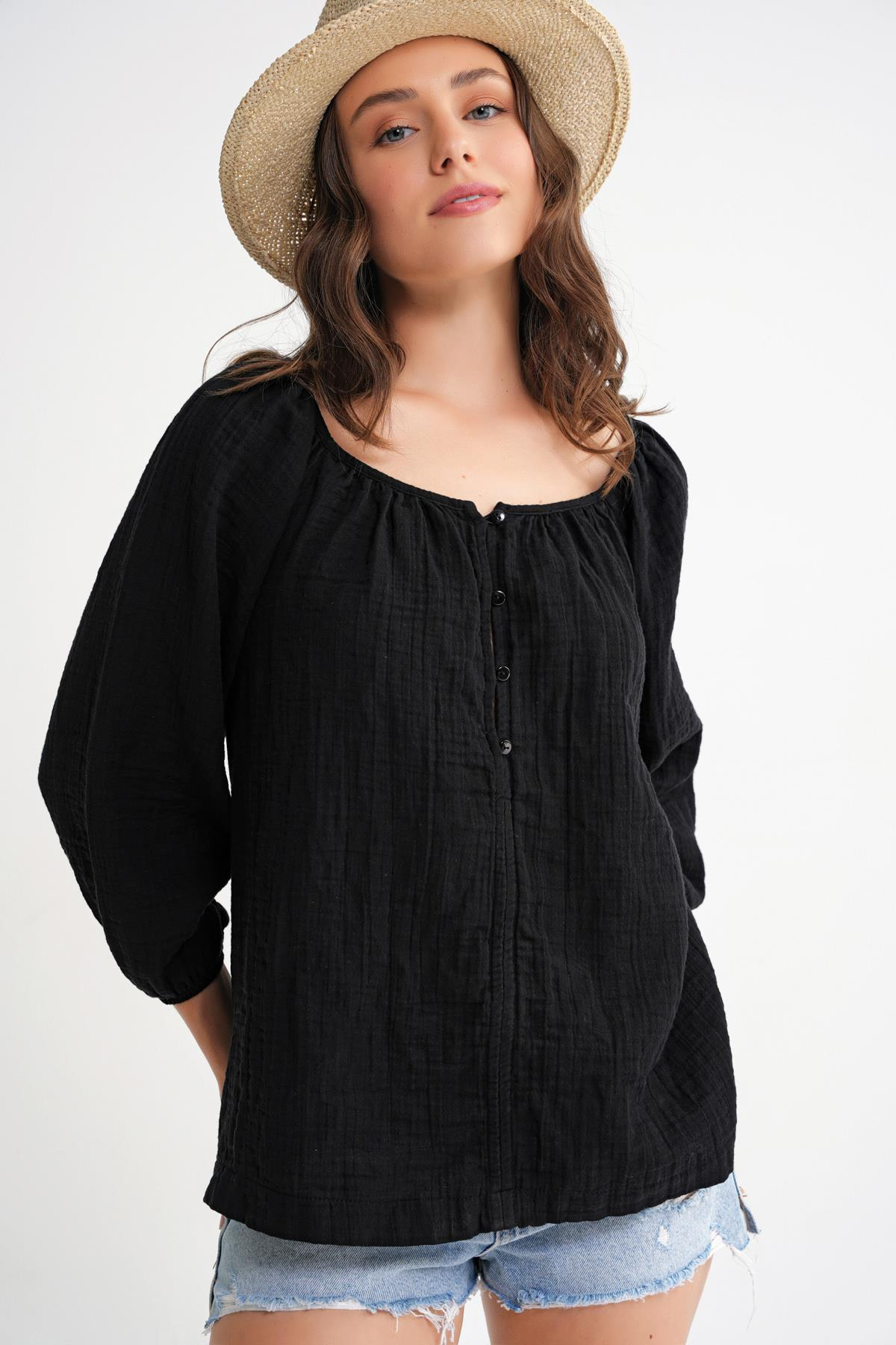 4707 Kadın Yakası Büzgülü Kolu Lastikli Bol Müslin Bluz Siyah