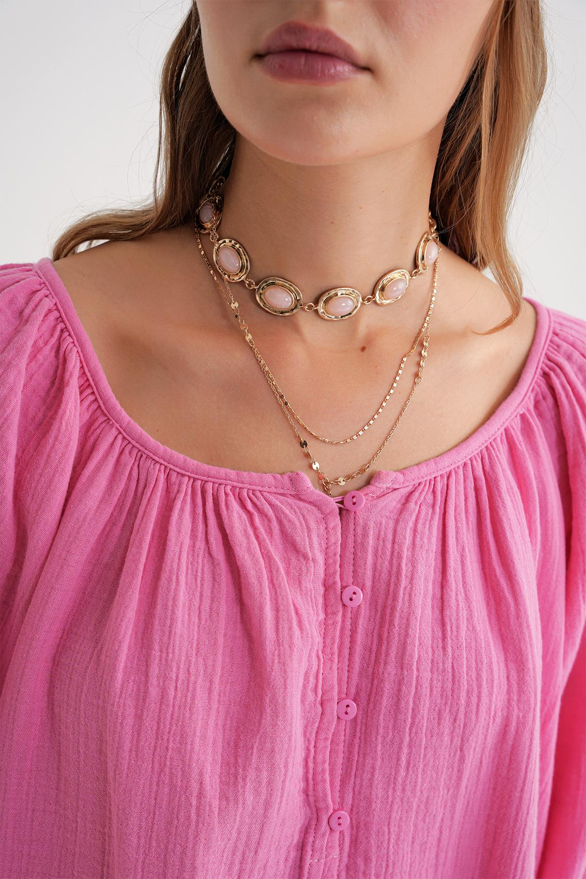 4707 Kadın Yakası Büzgülü Kolu Lastikli Bol Müslin Bluz Pembe