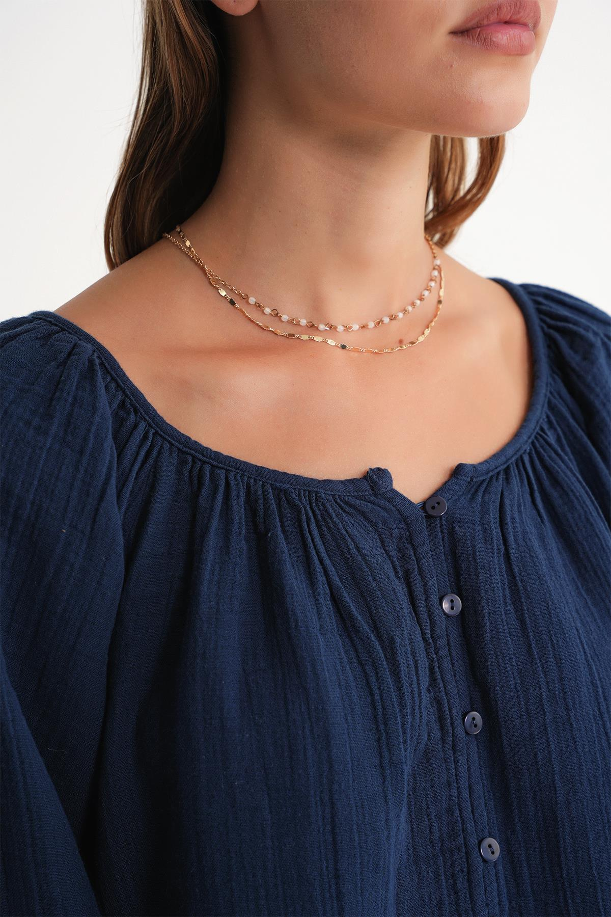 4707 Kadın Yakası Büzgülü Kolu Lastikli Bol Müslin Bluz Lacivert