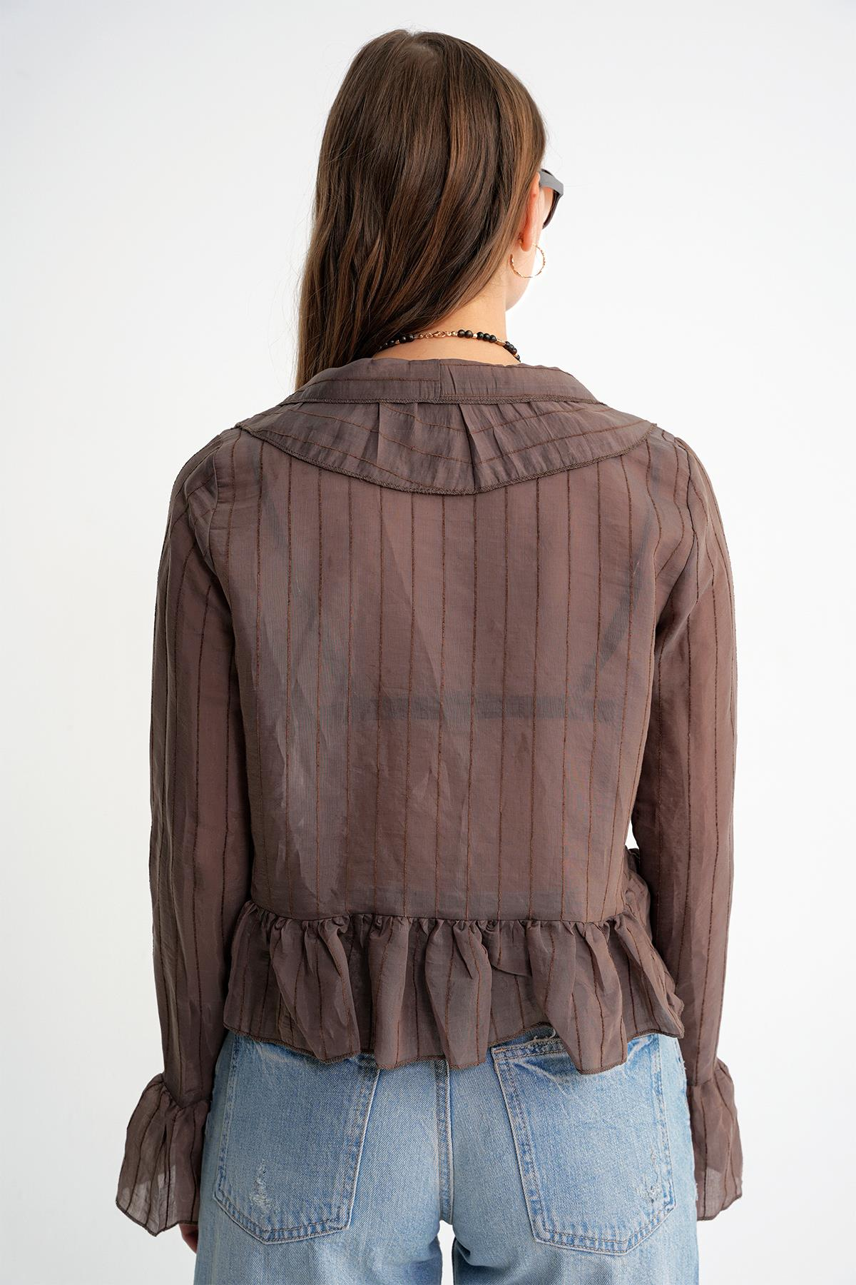4710 Kadın Volanlı Transparan Bolero Bluz Kahve
