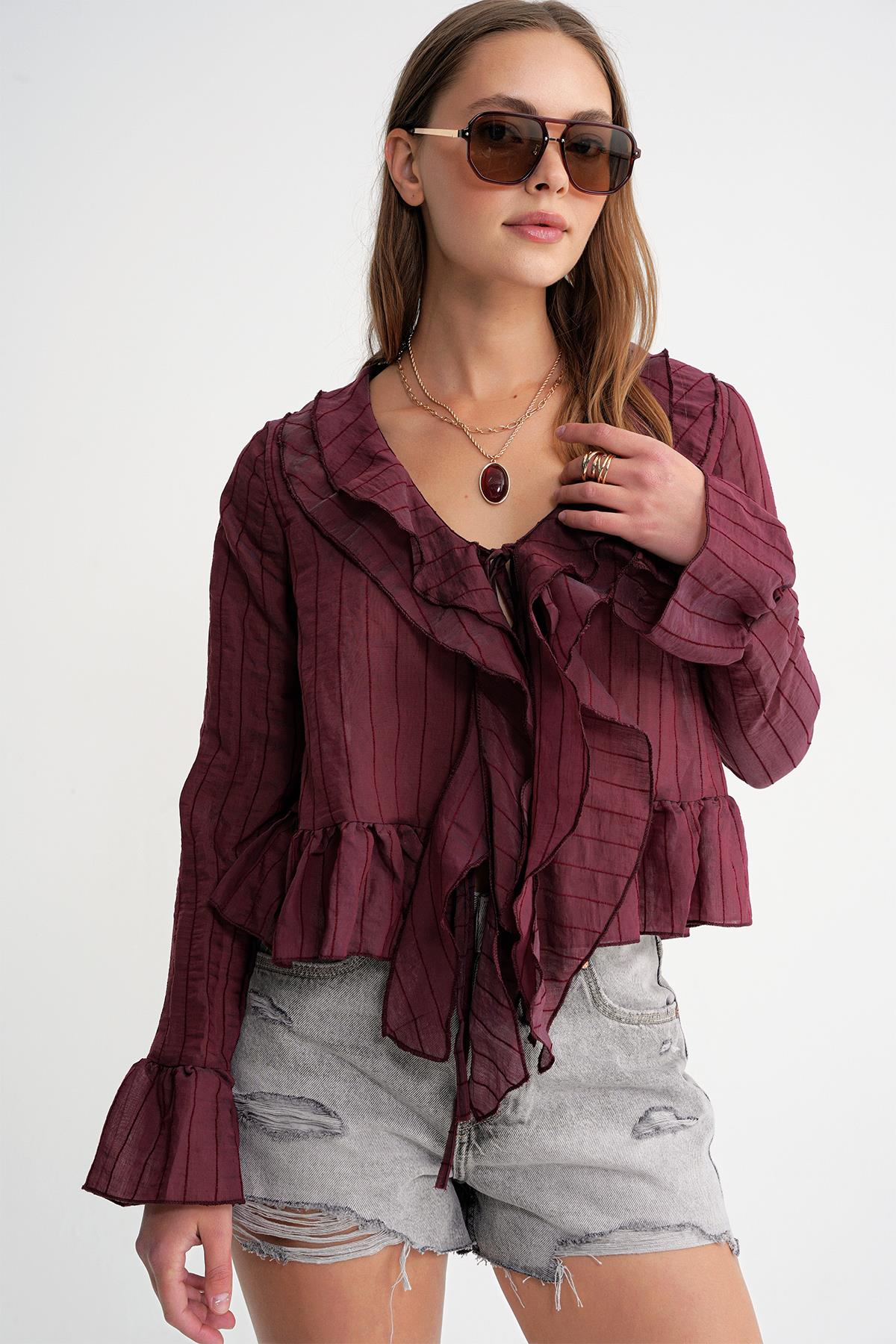 4710 Kadın Volanlı Transparan Bolero Bluz Bordo