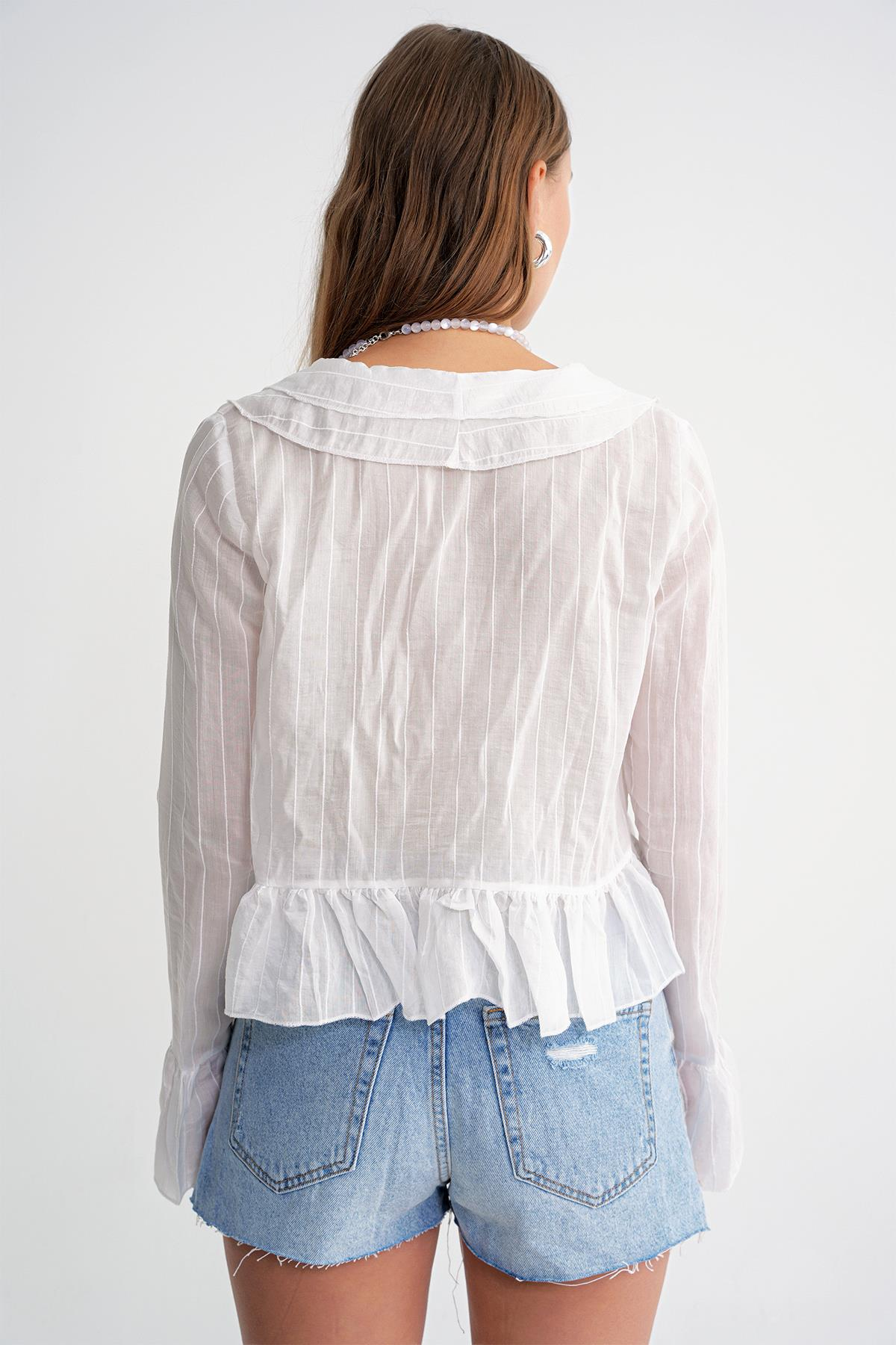 4710 Kadın Volanlı Transparan Bolero Bluz Beyaz