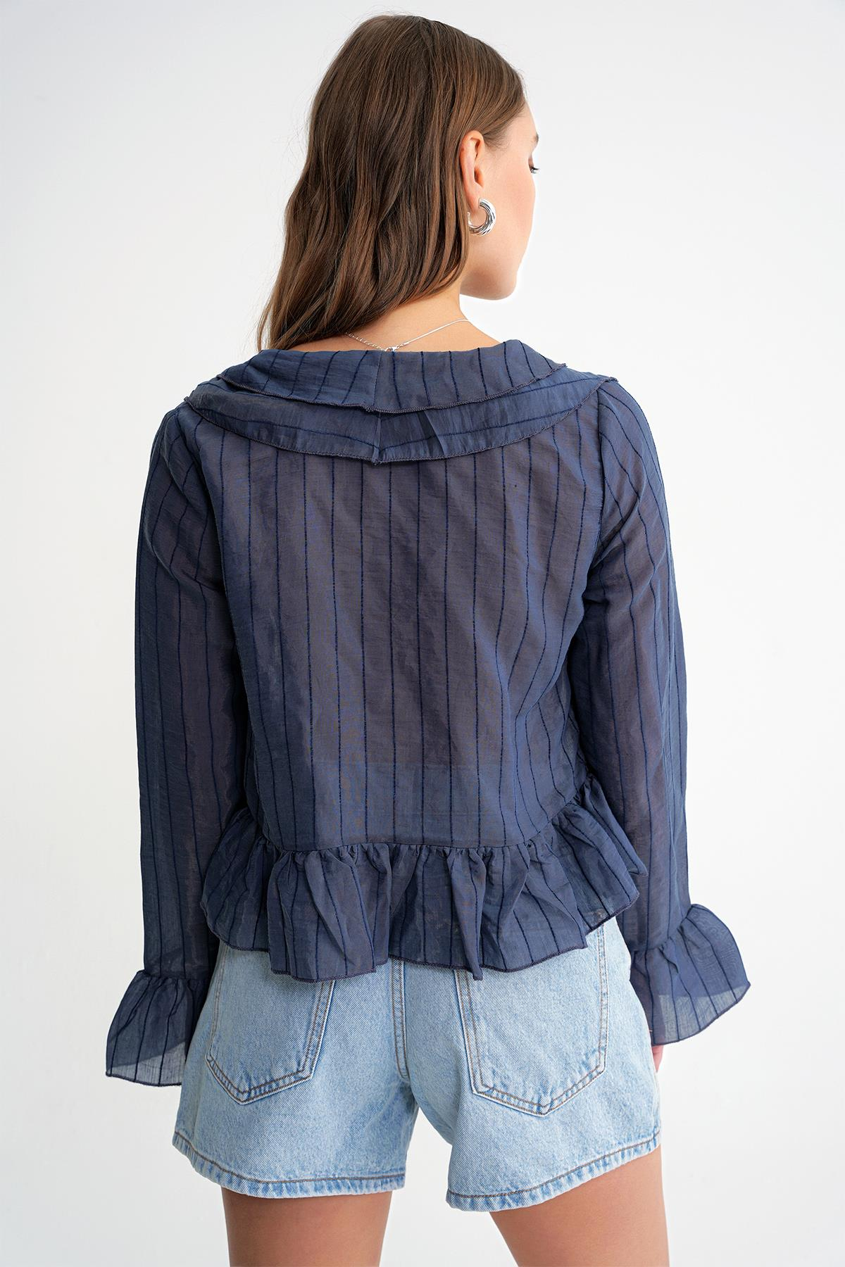 4710 Kadın Volanlı Transparan Bolero Bluz Lacivert