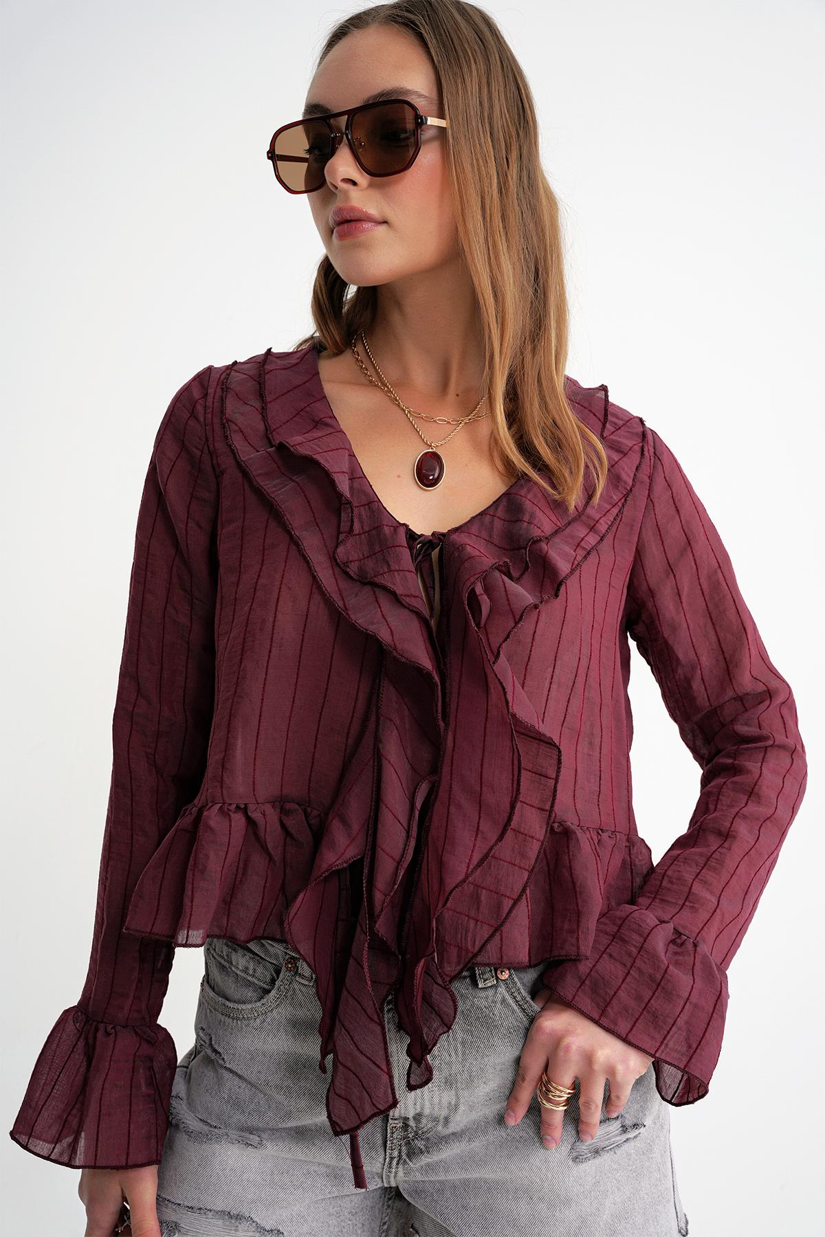 4710 Kadın Volanlı Transparan Bolero Bluz Bordo