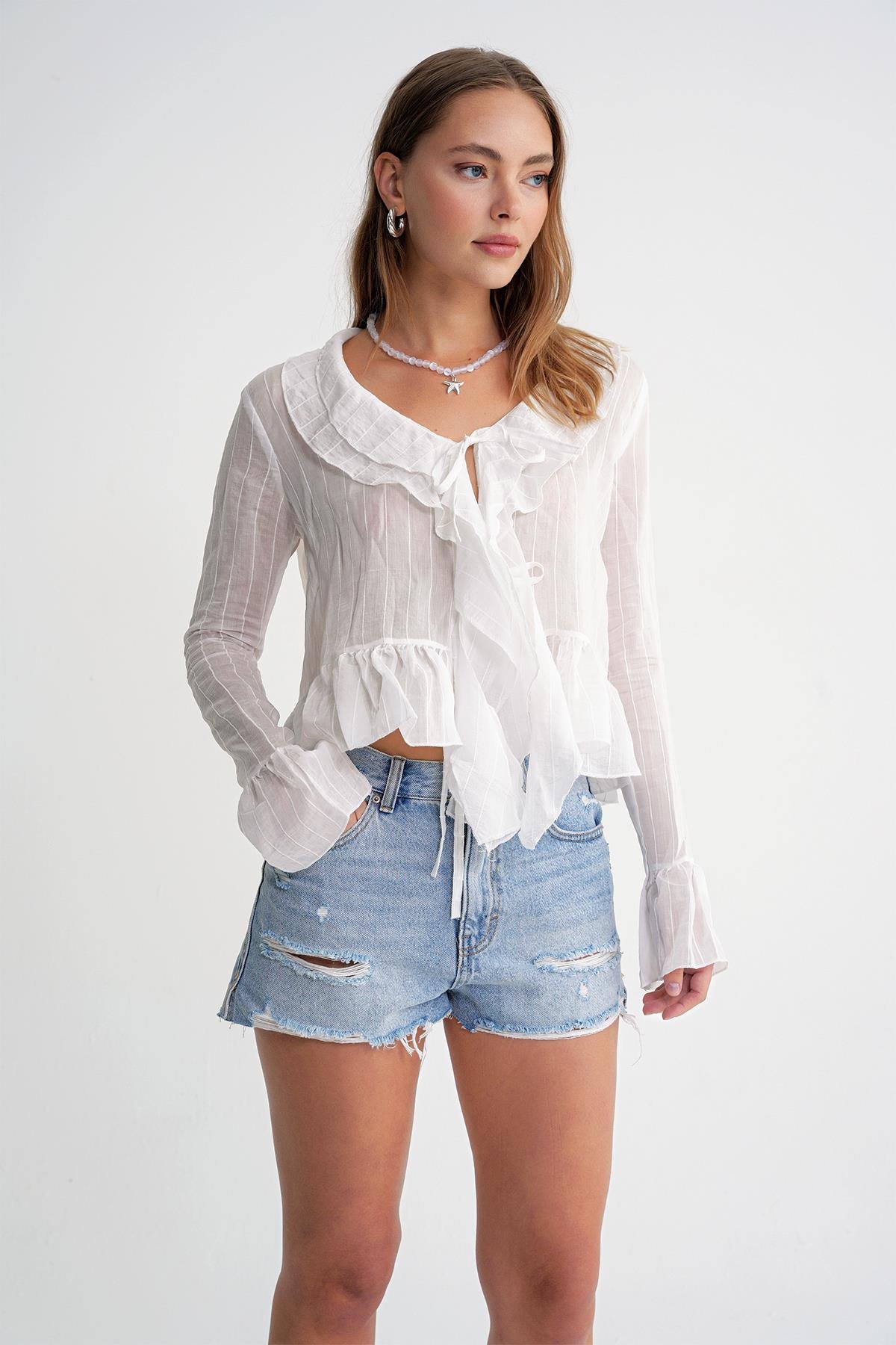 4710 Kadın Volanlı Transparan Bolero Bluz Beyaz