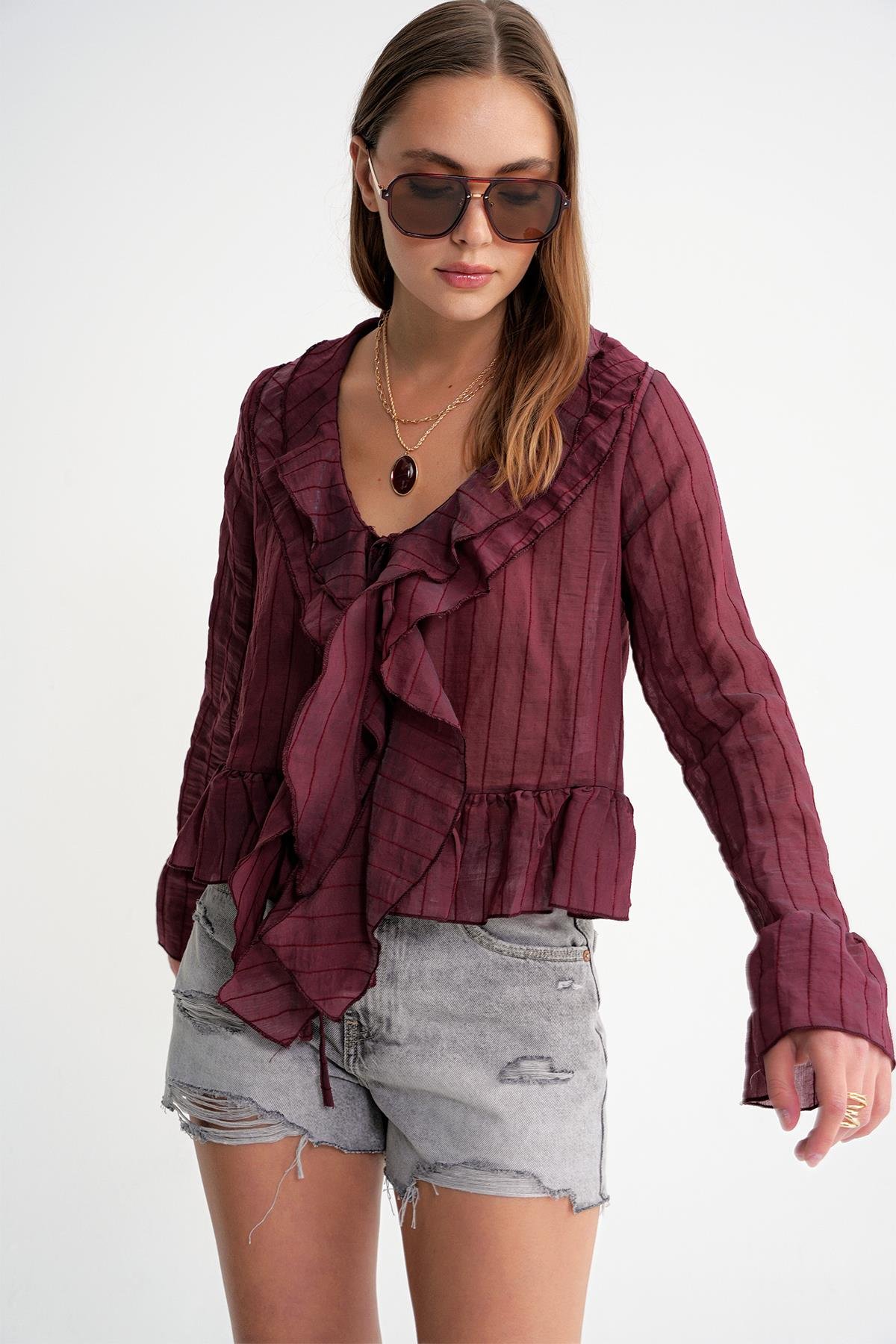 4710 Kadın Volanlı Transparan Bolero Bluz Bordo