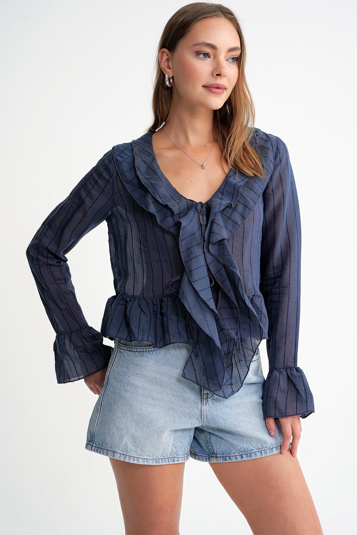 4710 Kadın Volanlı Transparan Bolero Bluz Lacivert