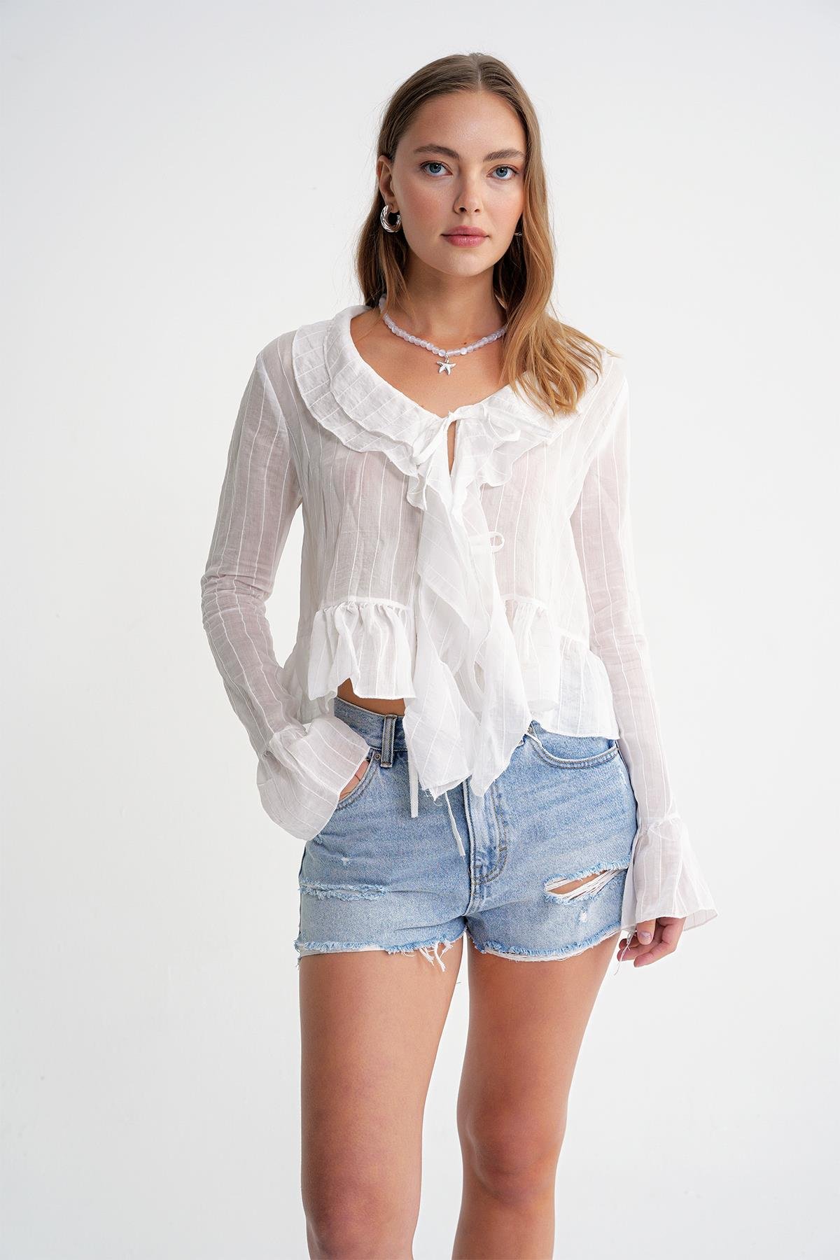 4710 Kadın Volanlı Transparan Bolero Bluz Beyaz