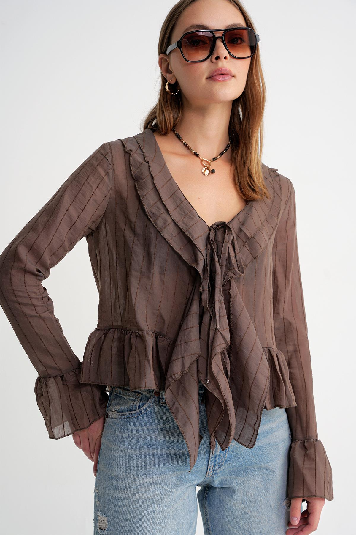 4710 Kadın Volanlı Transparan Bolero Bluz Kahve