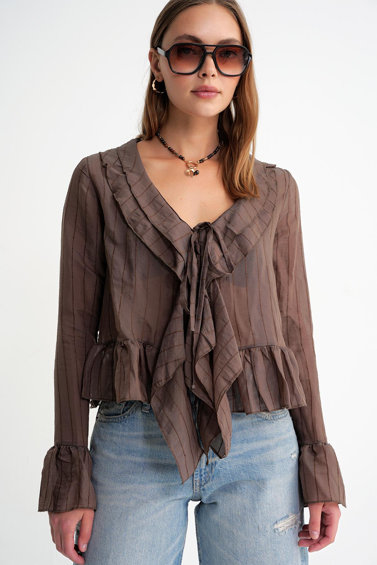 4710 Kadın Volanlı Transparan Bolero Bluz Kahve
