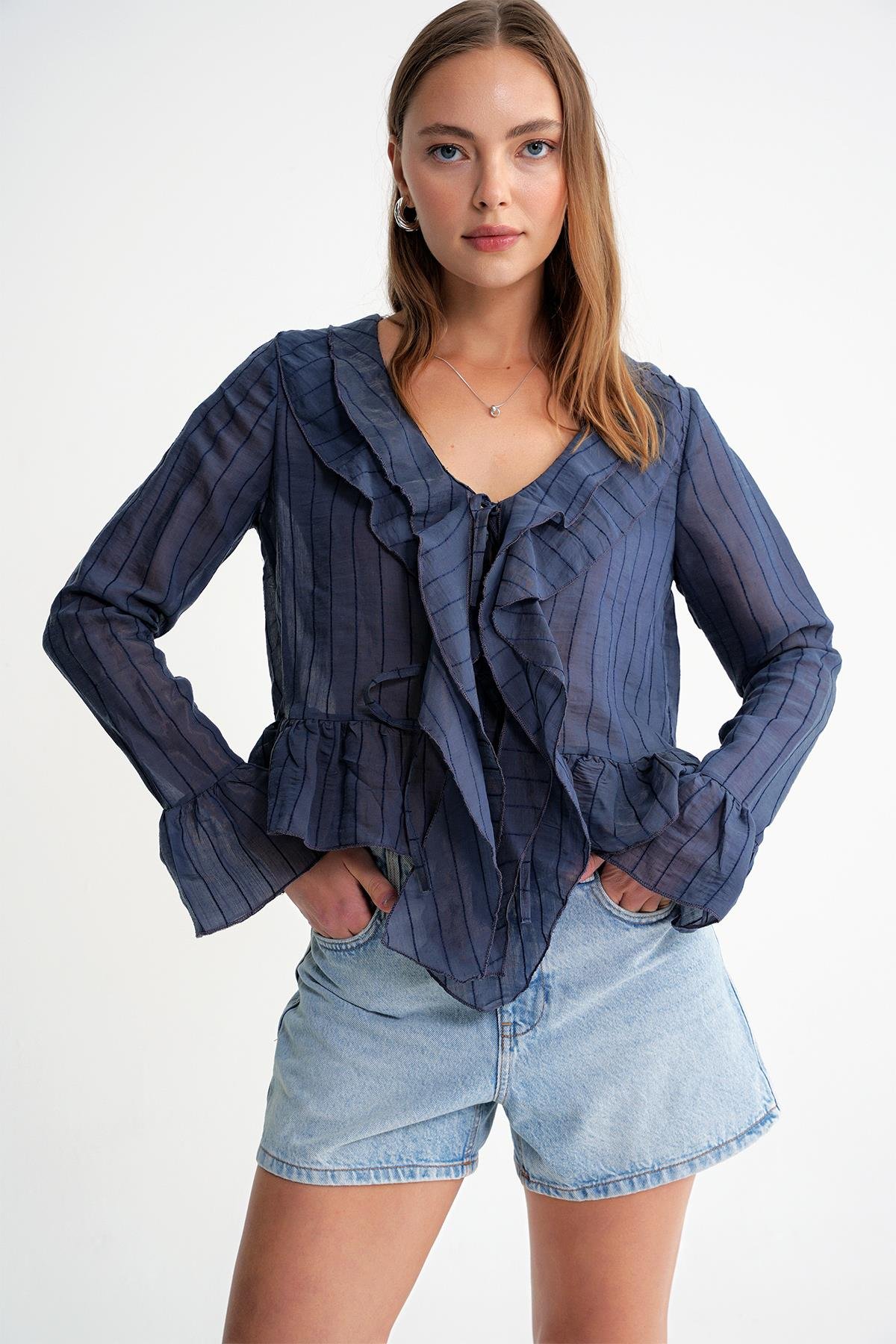 4710 Kadın Volanlı Transparan Bolero Bluz Lacivert