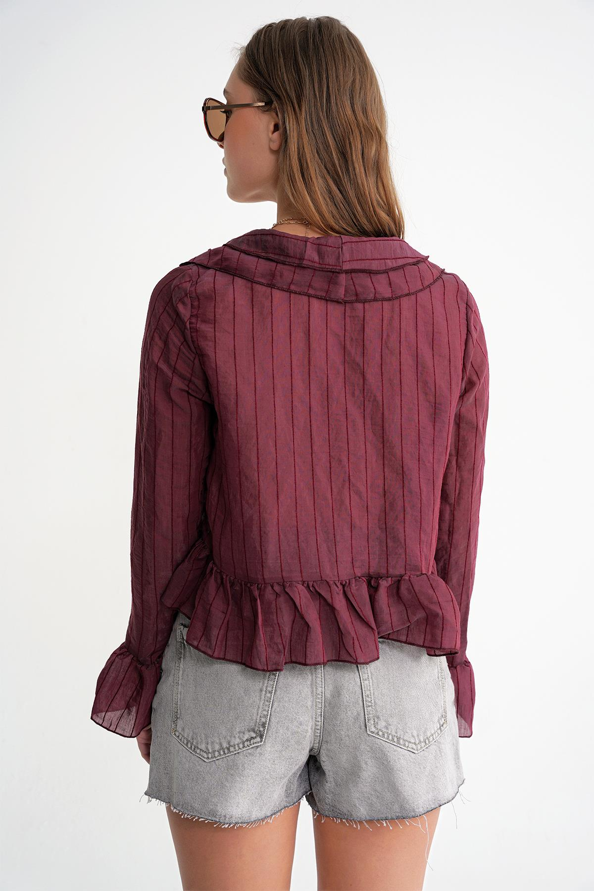 4710 Kadın Volanlı Transparan Bolero Bluz Bordo