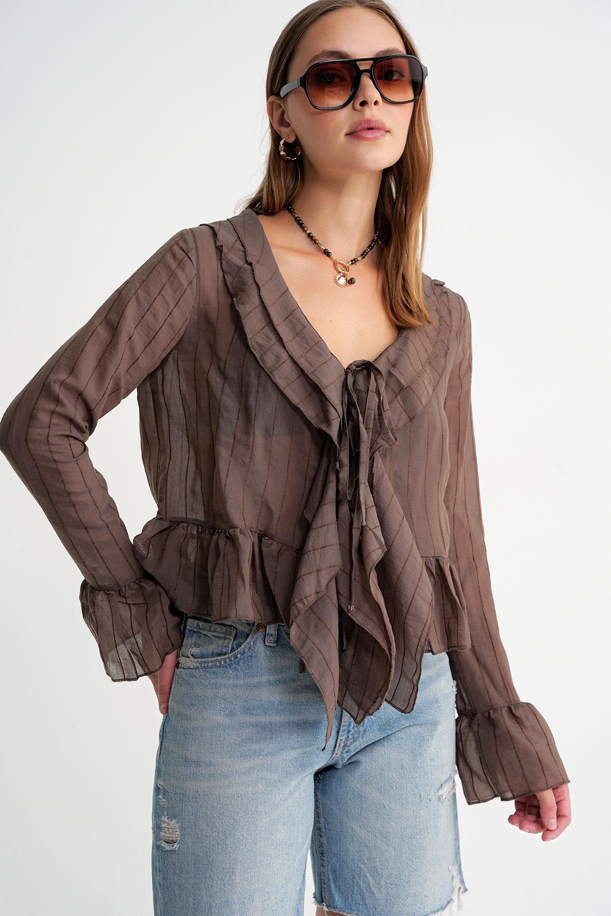 4710 Kadın Volanlı Transparan Bolero Bluz Kahve