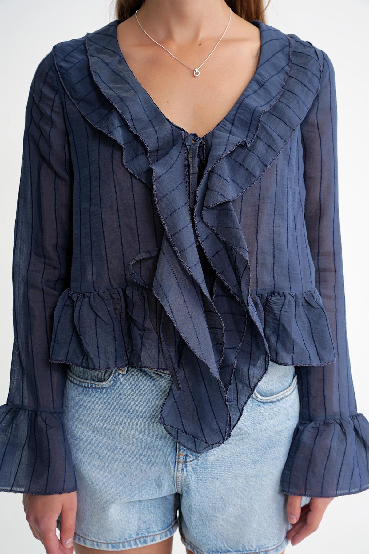 4710 Kadın Volanlı Transparan Bolero Bluz Lacivert
