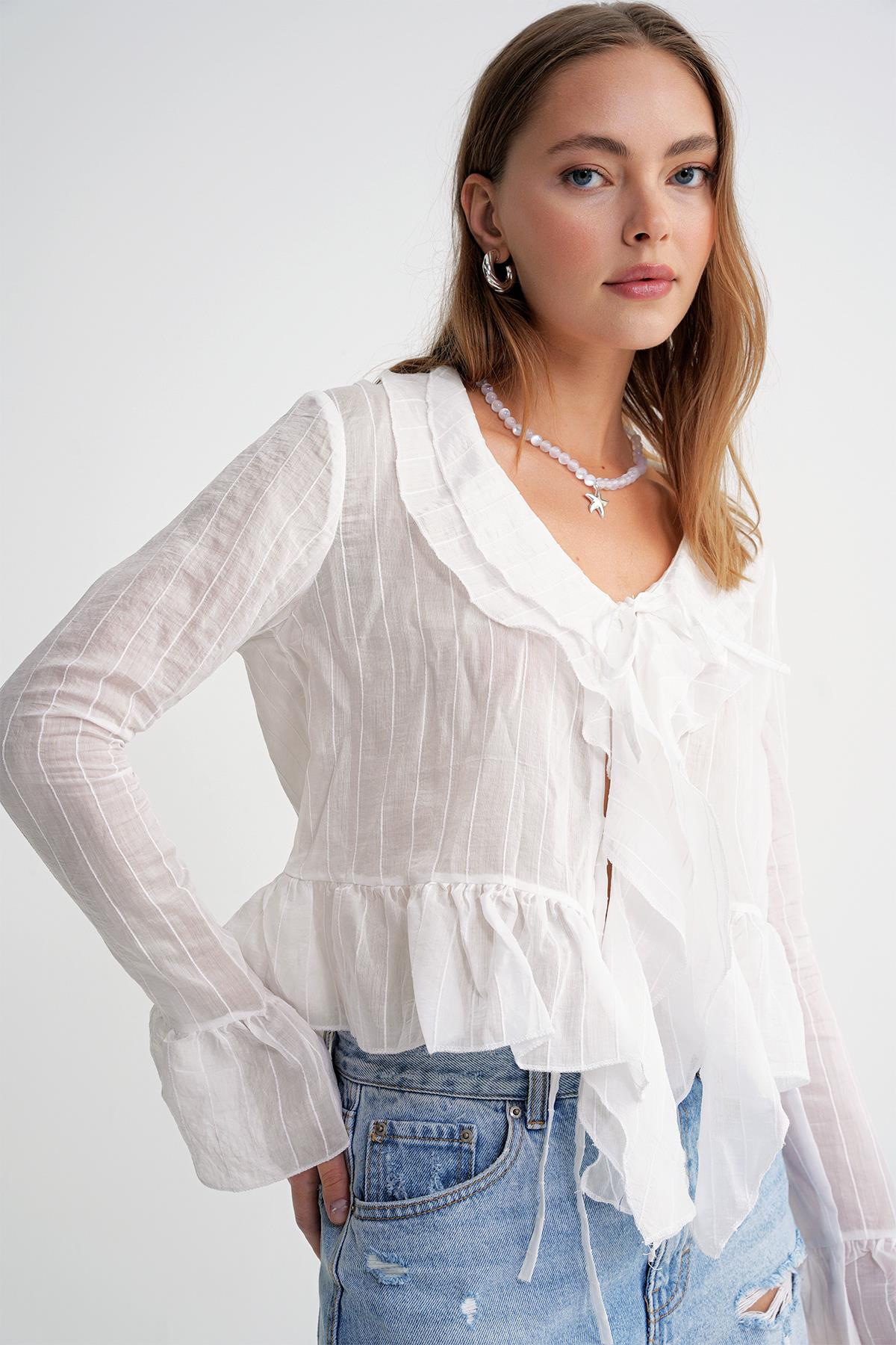 4710 Kadın Volanlı Transparan Bolero Bluz Beyaz