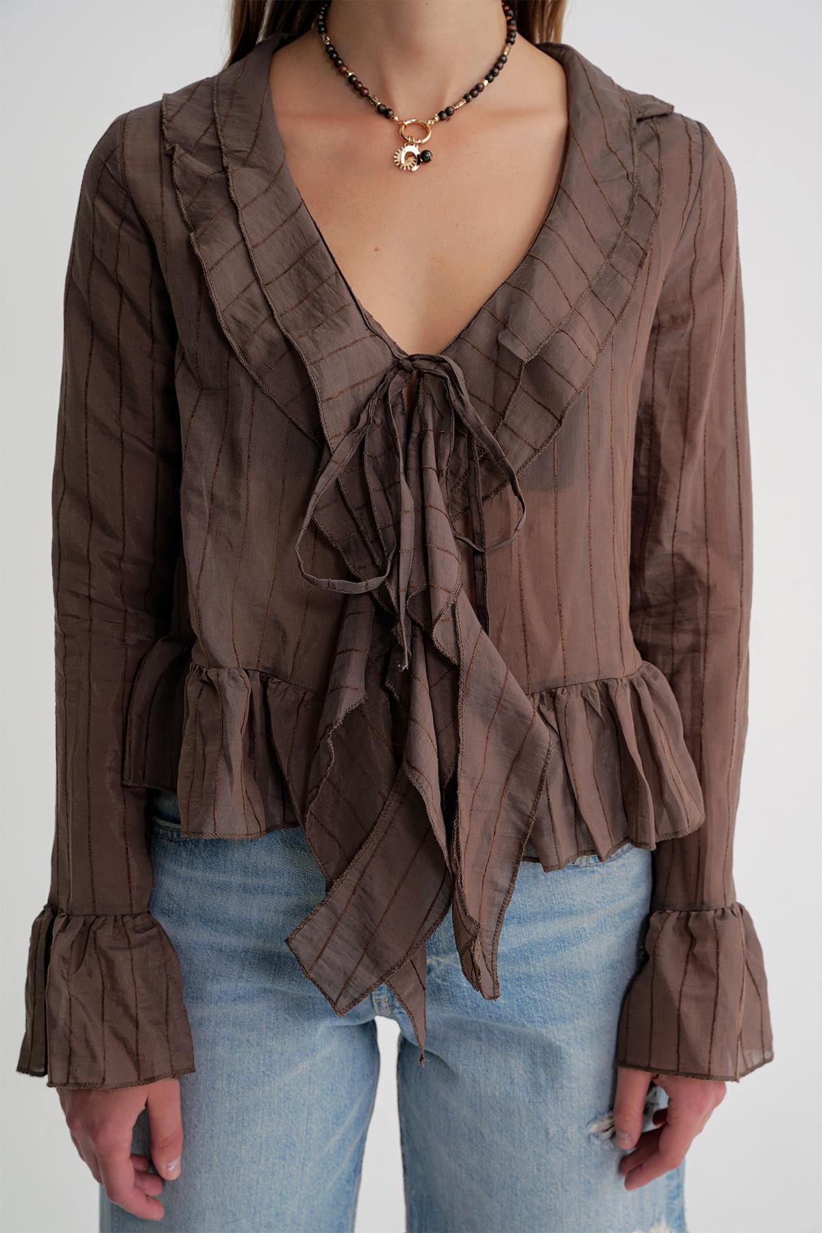 4710 Kadın Volanlı Transparan Bolero Bluz Kahve