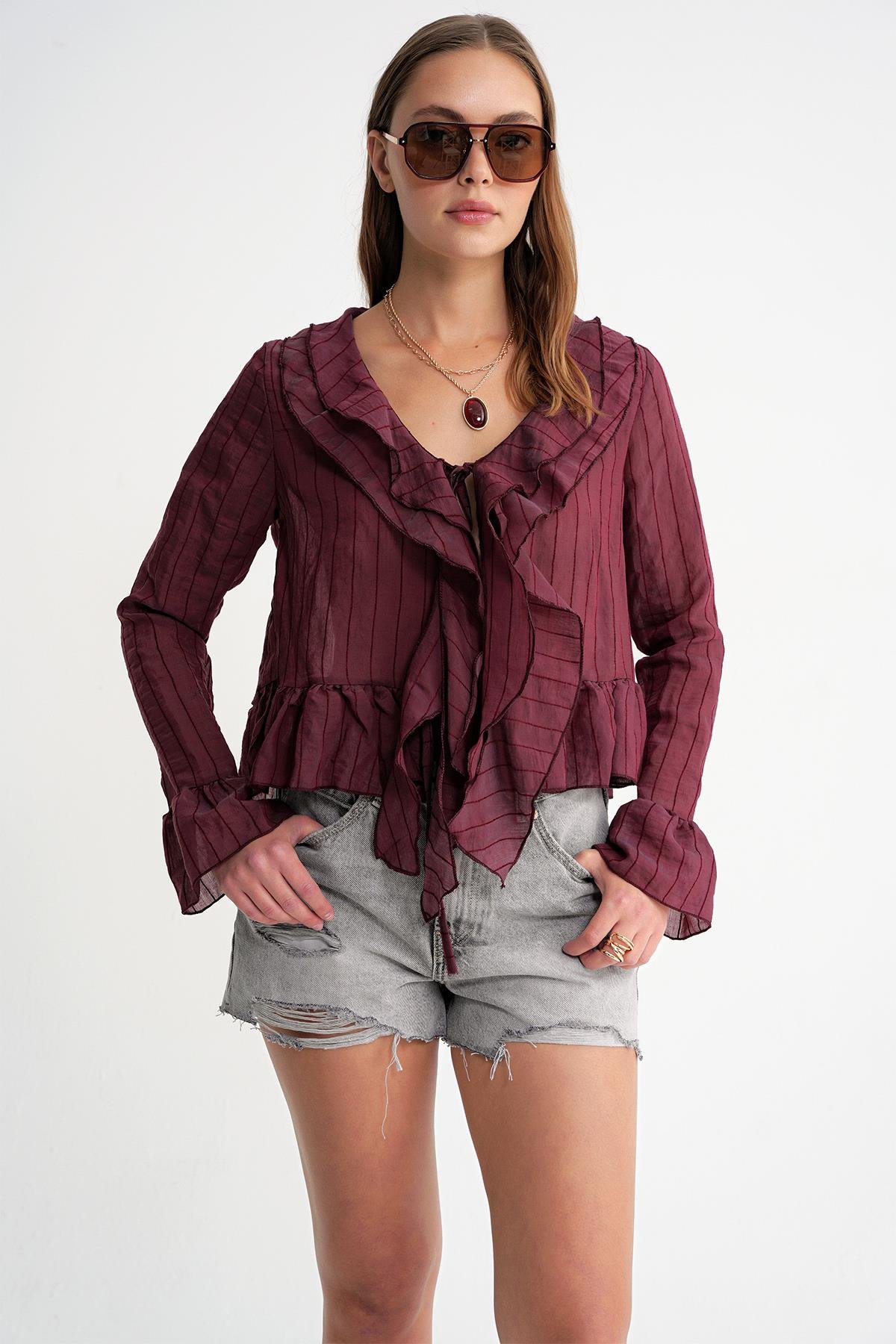 4710 Kadın Volanlı Transparan Bolero Bluz Bordo