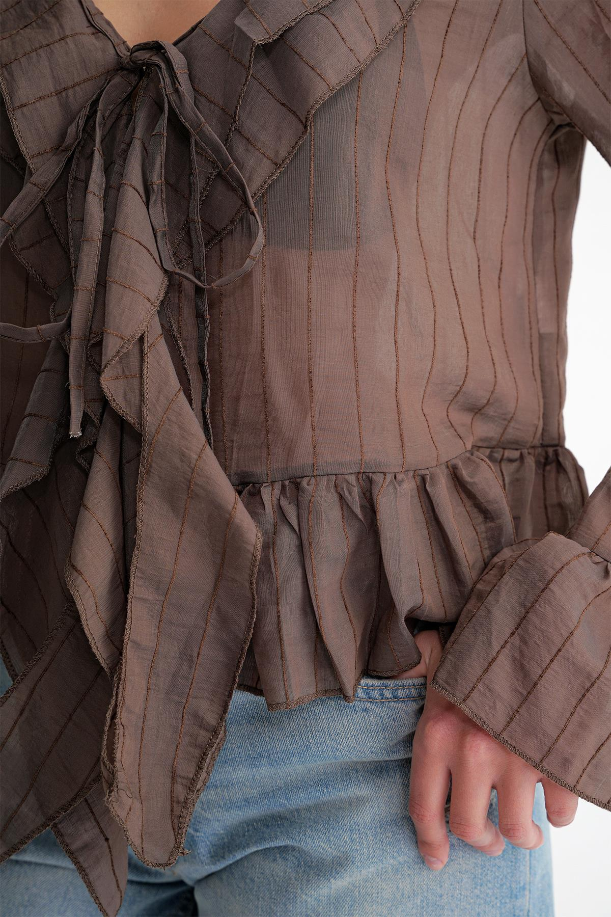 4710 Kadın Volanlı Transparan Bolero Bluz Kahve