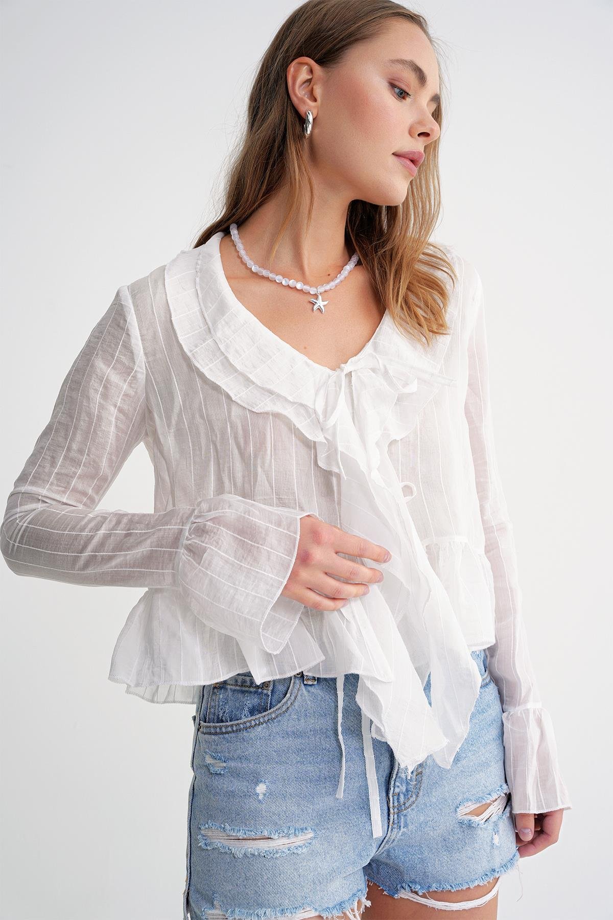 4710 Kadın Volanlı Transparan Bolero Bluz Beyaz