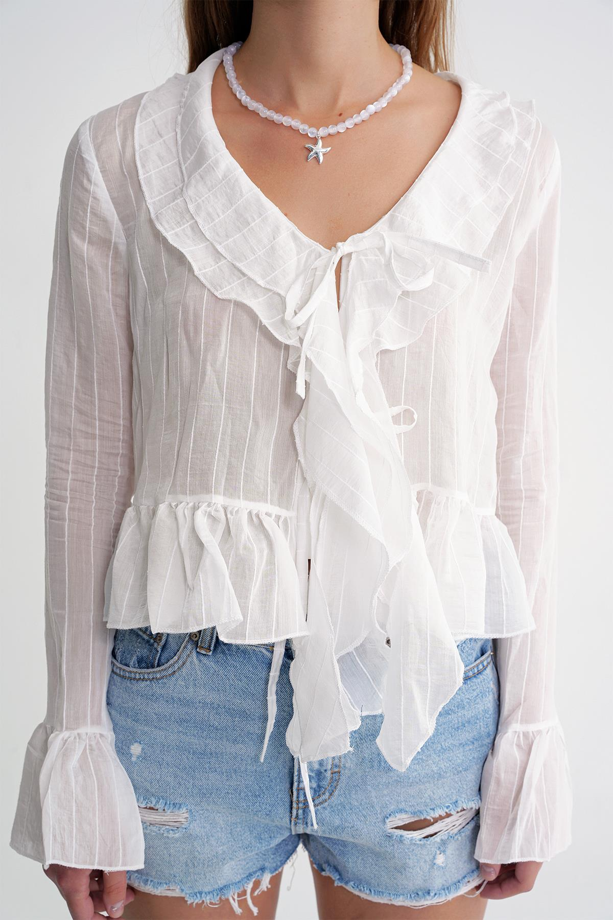 4710 Kadın Volanlı Transparan Bolero Bluz Beyaz