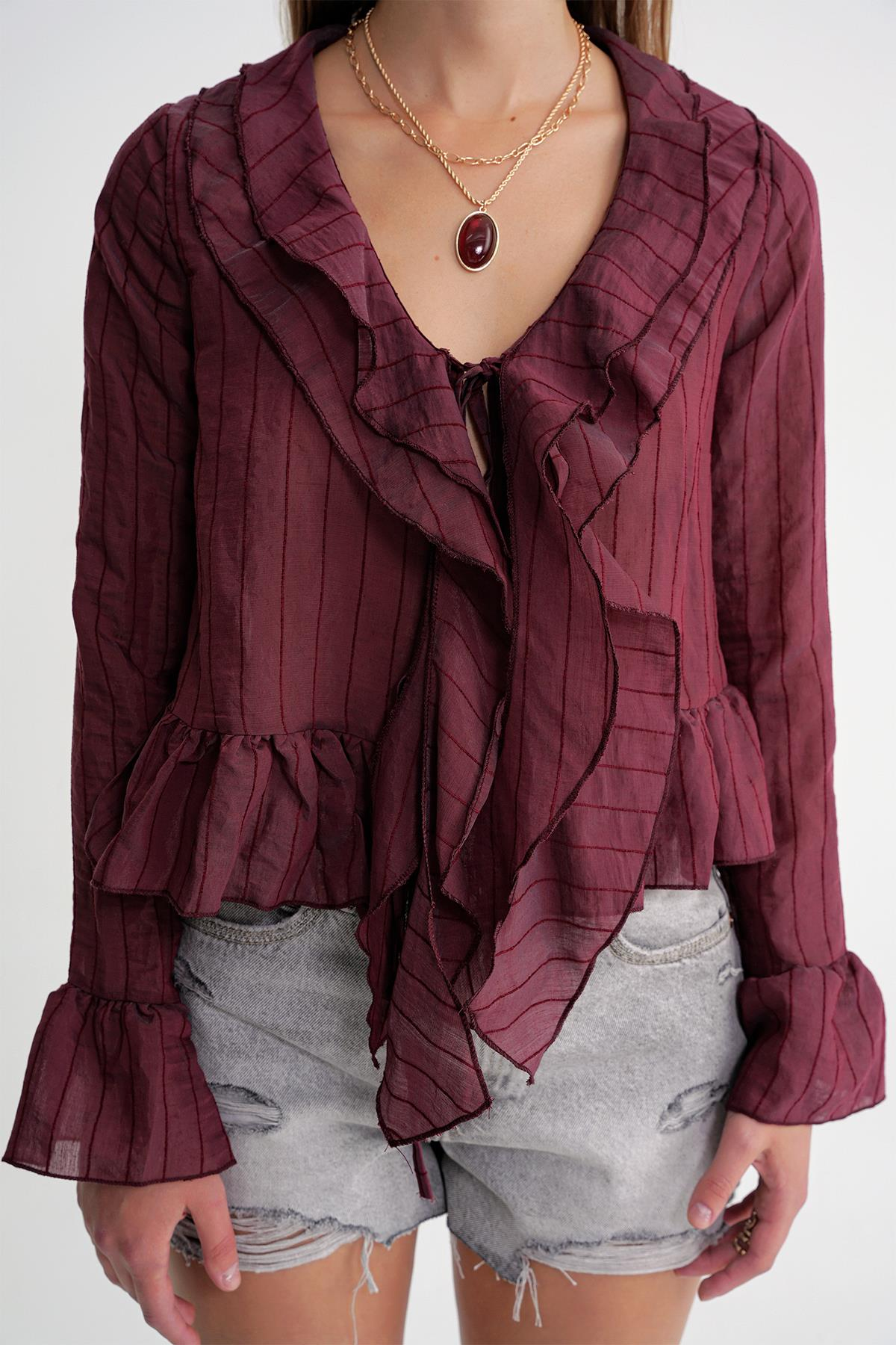 4710 Kadın Volanlı Transparan Bolero Bluz Bordo