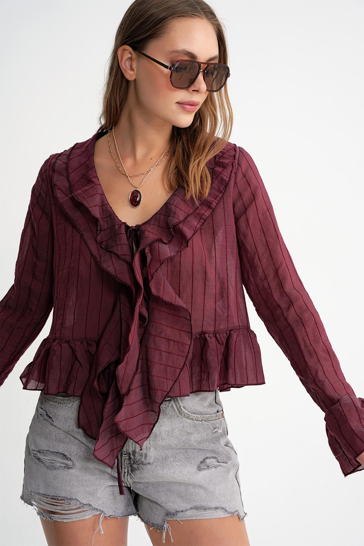 4710 Kadın Volanlı Transparan Bolero Bluz Bordo