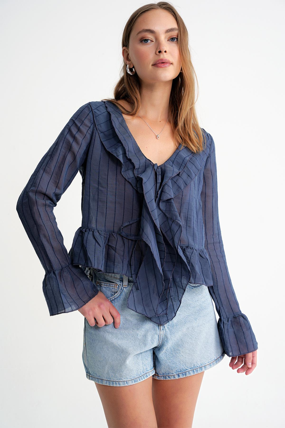 4710 Kadın Volanlı Transparan Bolero Bluz Lacivert