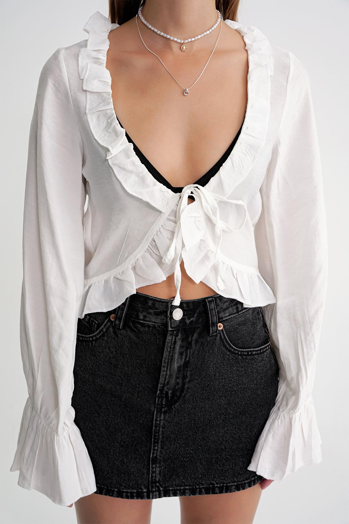4712 Kadın Volanlı Modal Bolero Bluz Beyaz