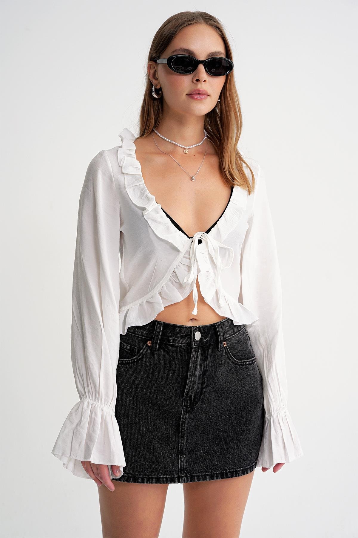 4712 Kadın Volanlı Modal Bolero Bluz Beyaz