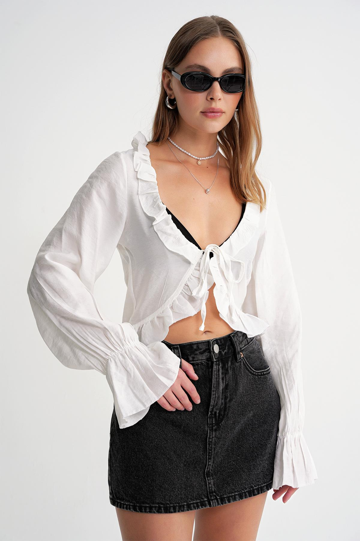 4712 Kadın Volanlı Modal Bolero Bluz Beyaz